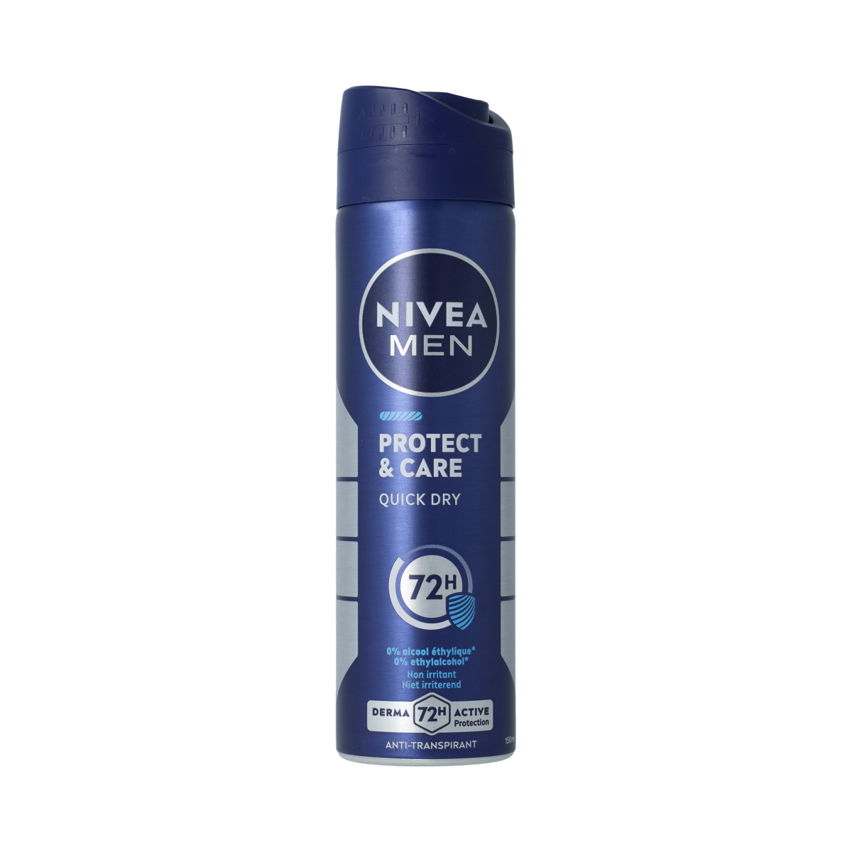 Nivea Men Protect & Care deodorant spray 150ml, clear aerosol can with blue and white design, designed for men's grooming.