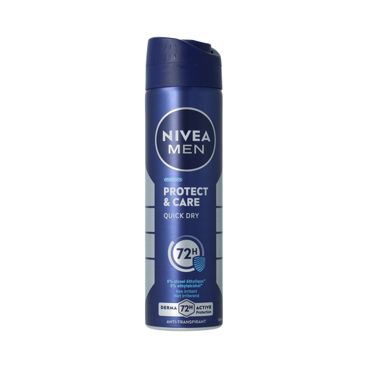 Nivea Men Protect & Care deodorant spray 150ml, clear aerosol can with blue and white design, designed for men's grooming.