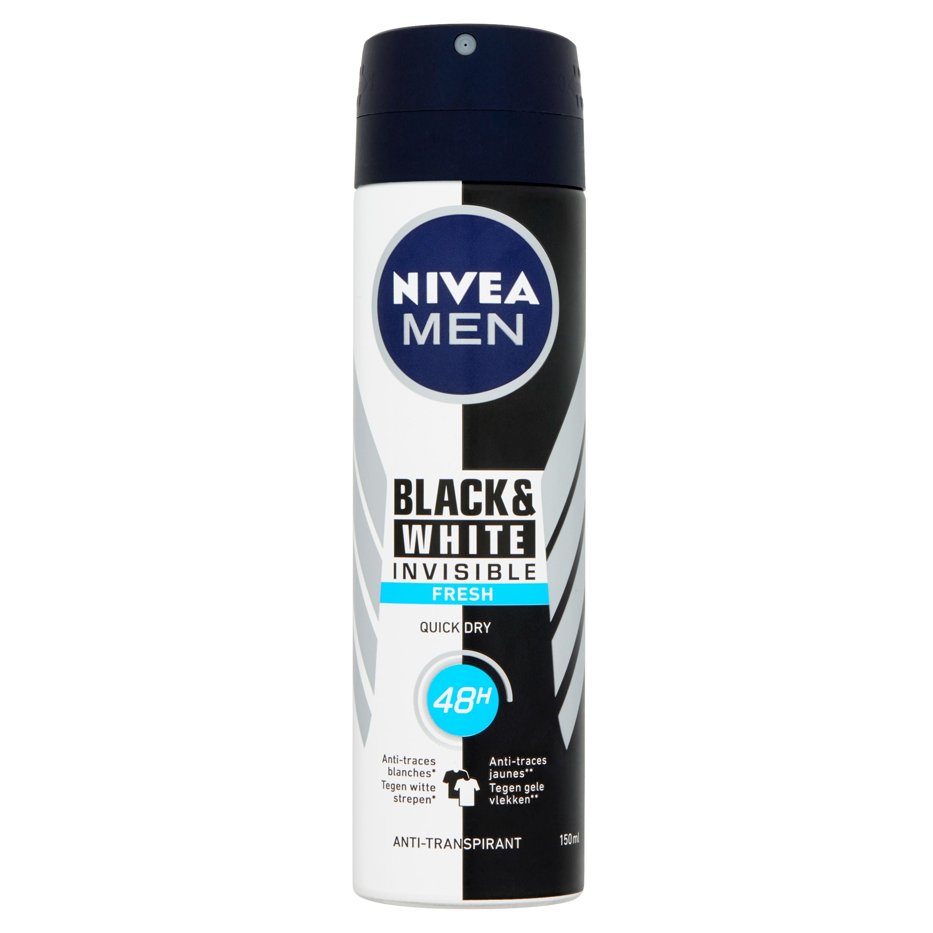 Nivea Men Invisible Black & White Fresh deodorant spray bottle, 150ml, with the product label visible, designed for odor protection.