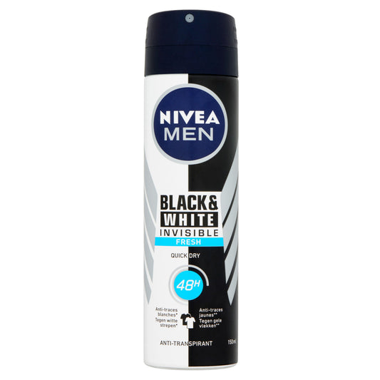 Nivea Men Invisible Black & White Fresh deodorant spray bottle, 150ml, with the product label visible, designed for odor protection.