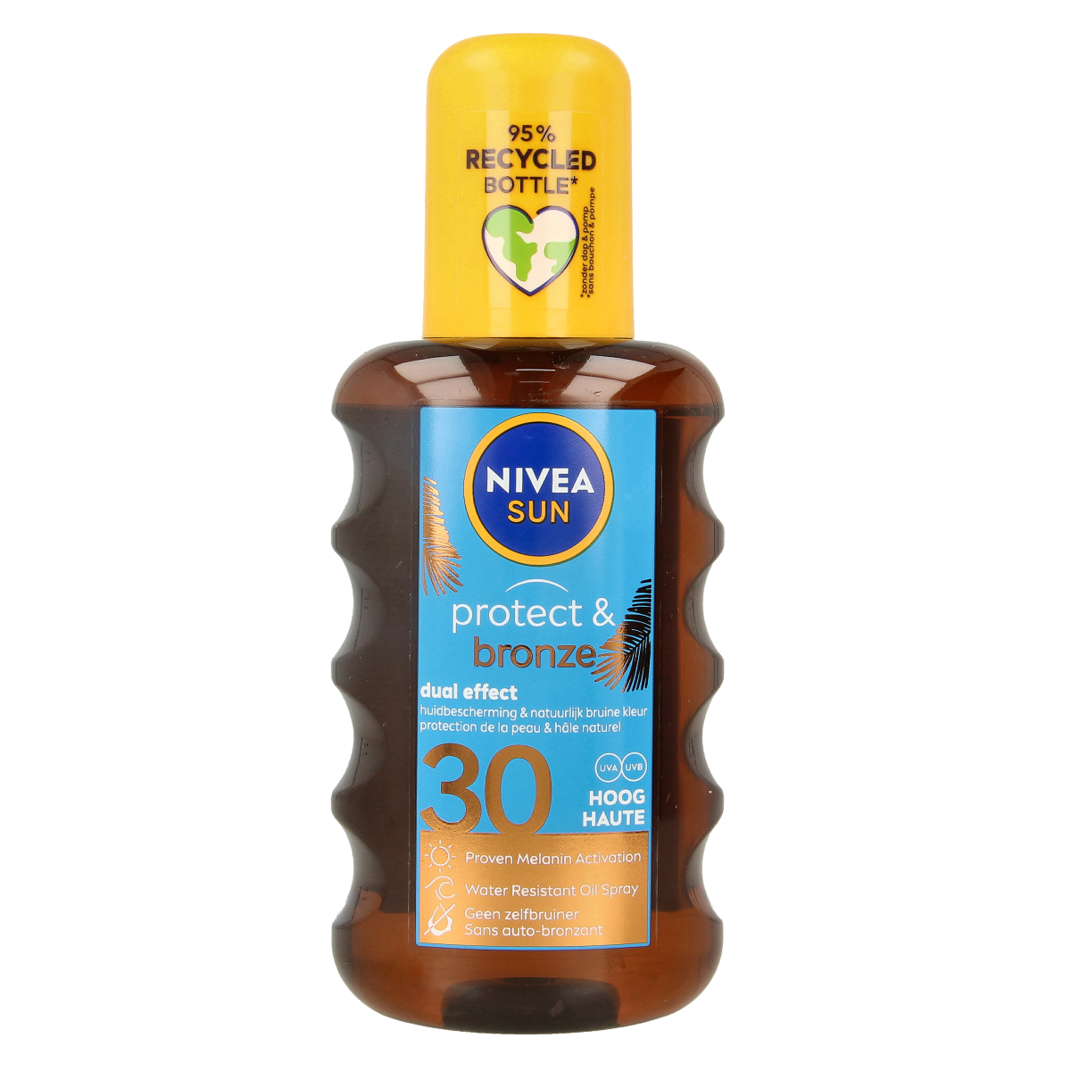 Nivea Sun Protect & Bronze oil spray SPF30, 200ml, showing the golden bottle with sun protection label and spray nozzle.