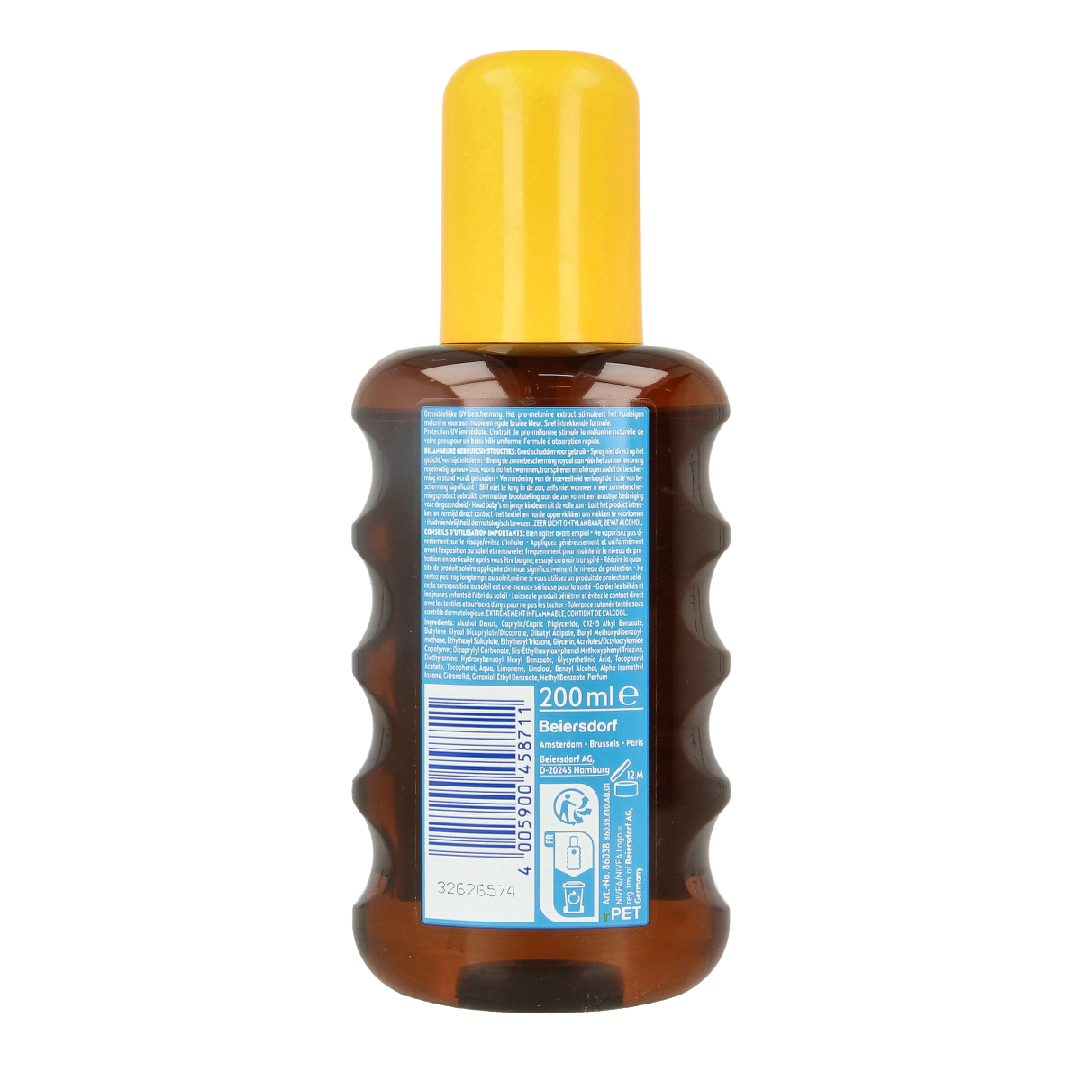 Nivea Sun Protect & Bronze SPF 30 oil spray, 200ml, showing the sunscreen bottle with a sun and beach background.