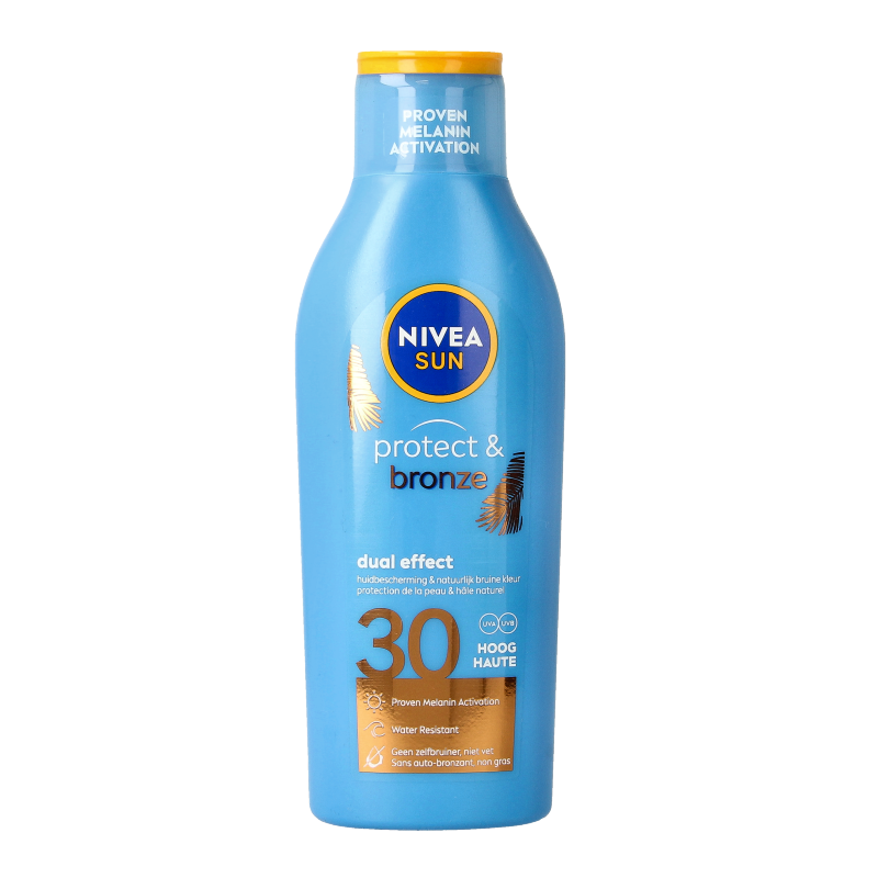 Nivea Sun Protect Bronze BF30 sunscreen lotion in a 200ml bottle, designed for sun protection and tanning.