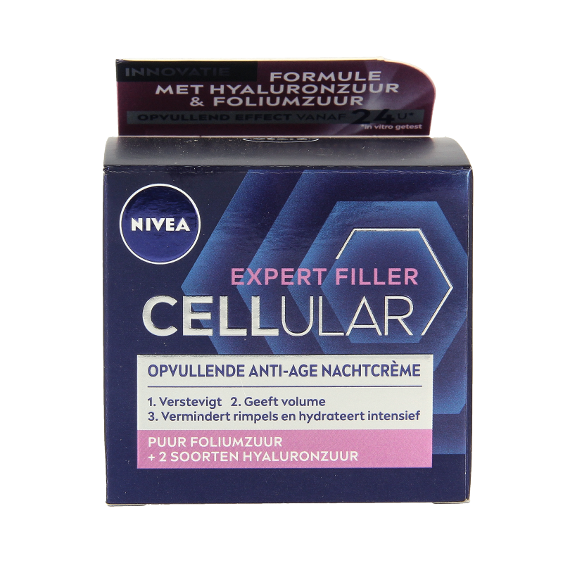 Nivea Cellular Expert Filler anti-age night cream in 50ml jar, face skincare product with smooth texture and elegant packaging.
