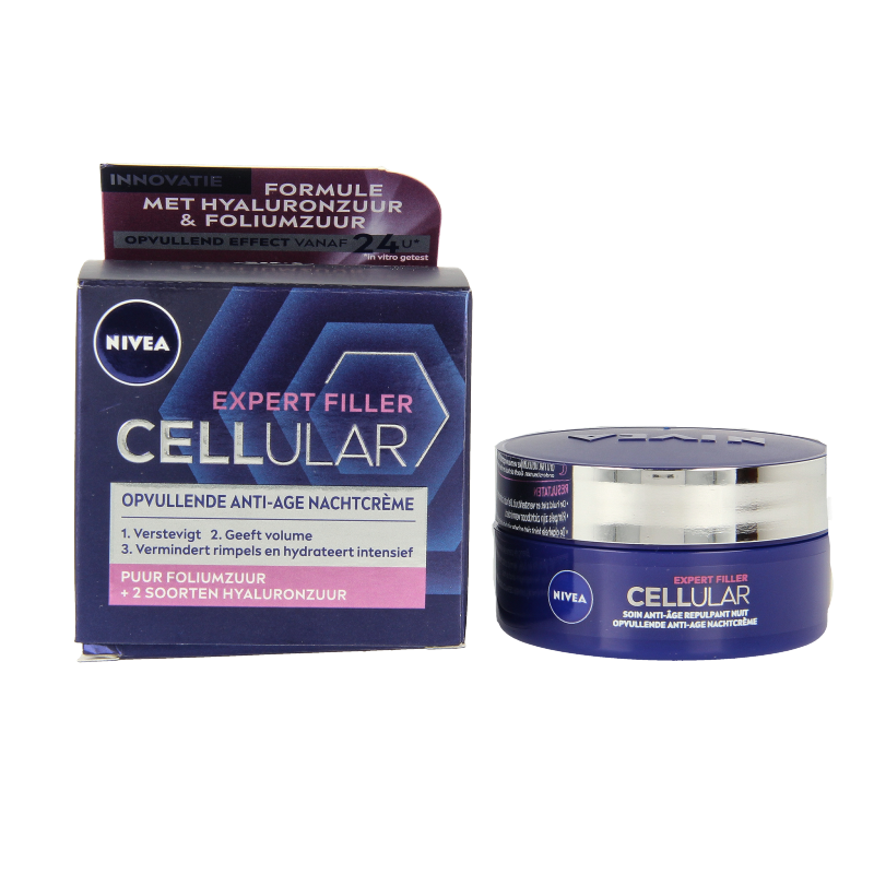 Nivea Cellular Expert Filler anti-age night cream in 50ml jar, facial skincare product with white and blue packaging.