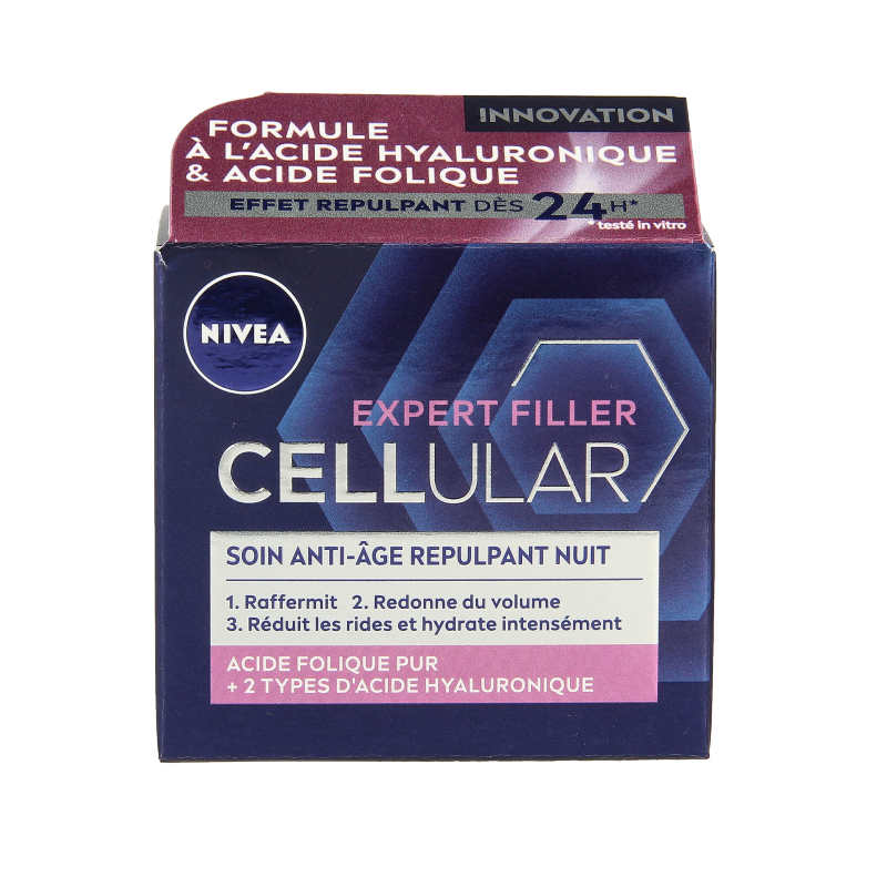 Nivea Cellular Expert Filler anti-age night cream in 50ml jar, facial skincare product with white and blue packaging.