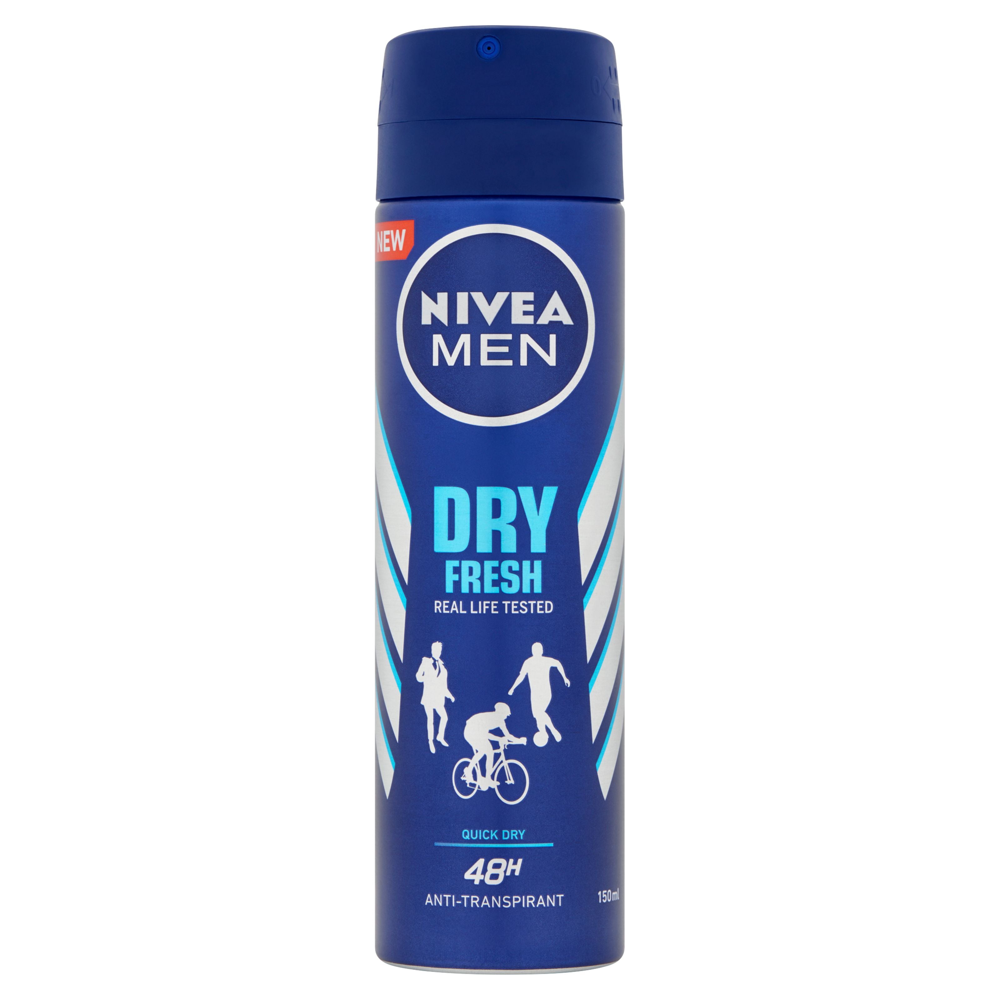 Nivea Men Dry Fresh deodorant spray bottle, 150ml, with blue and white packaging and a spray nozzle.