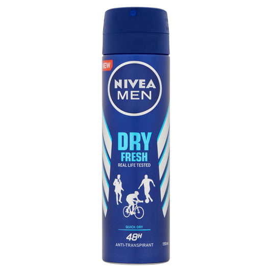 Nivea Men Dry Fresh deodorant spray bottle, 150ml, with blue and white packaging and a spray nozzle.