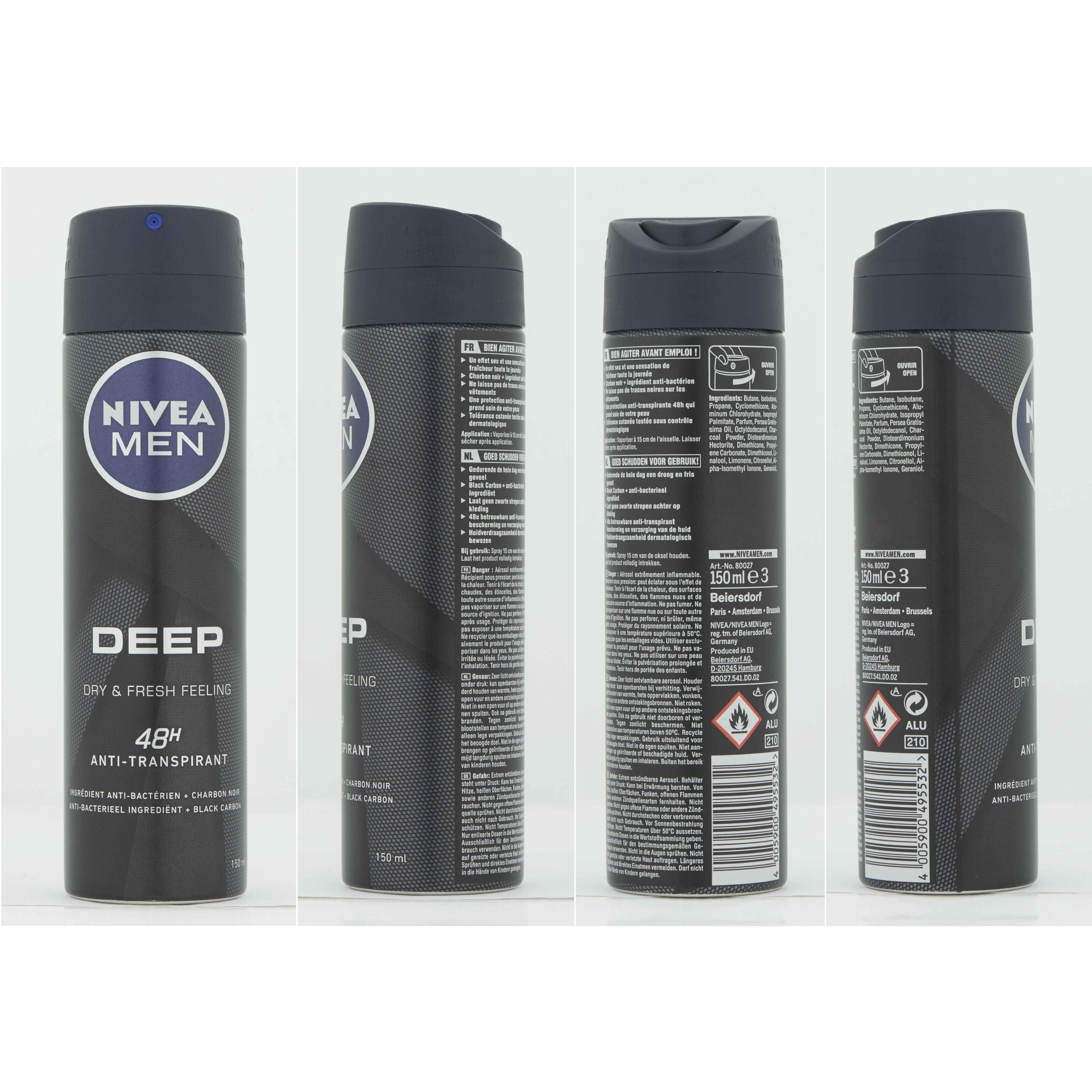 Nivea Men deodorant deep spray in a 150ml bottle, with a sleek blue and white design, ready for everyday freshness.