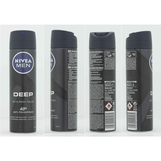 Nivea Men deodorant deep spray in a 150ml bottle, with a sleek blue and white design, ready for everyday freshness.