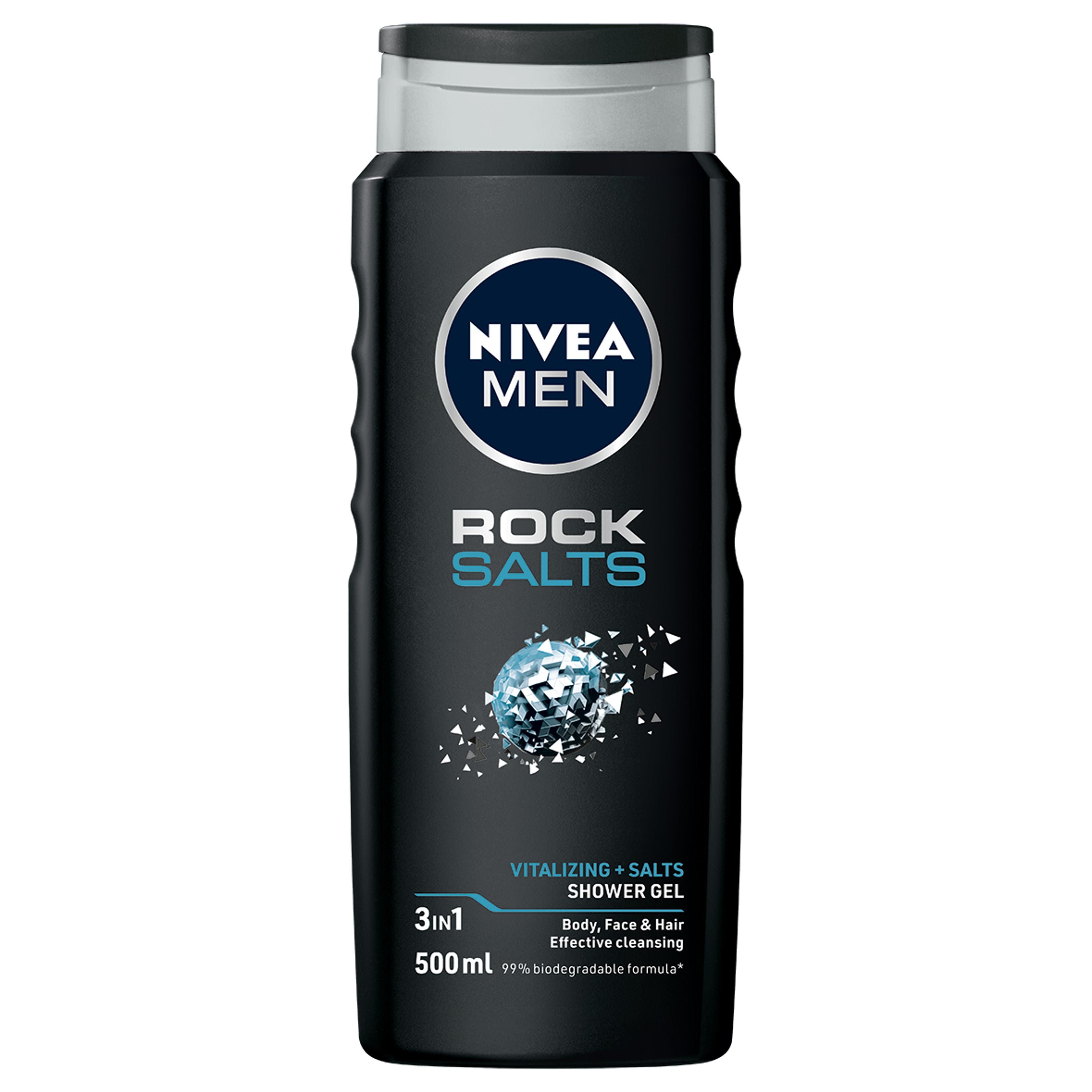 Nivea Men douchegel with rock salts in a 500ml bottle, designed for refreshing body and shower cleansing.