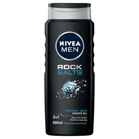 Nivea Men douchegel with rock salts in a 500ml bottle, designed for refreshing body and shower cleansing.