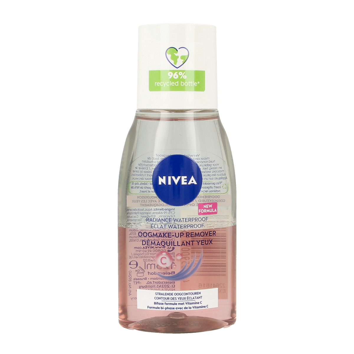 Nivea pink eye makeup remover in a 125ml bottle, gentle facial skincare product for removing eye makeup.