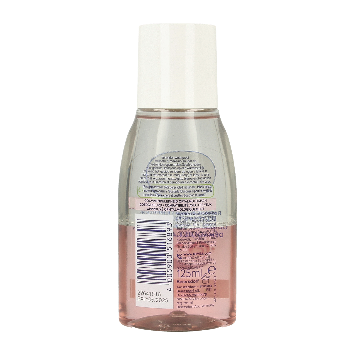 Nivea pink eye makeup remover bottle for facial care, 125ml, with a clear container and pink cap, on a white background.