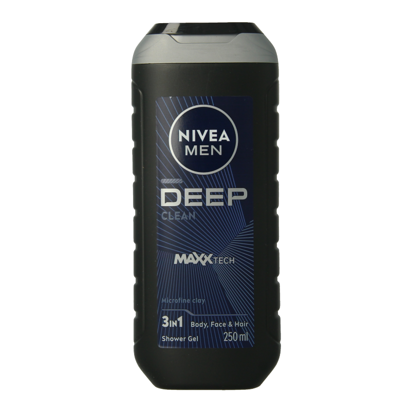 Nivea Men deep douchegel 250ml bottle, moisturizing men's body wash and shower gel with refreshing scent.