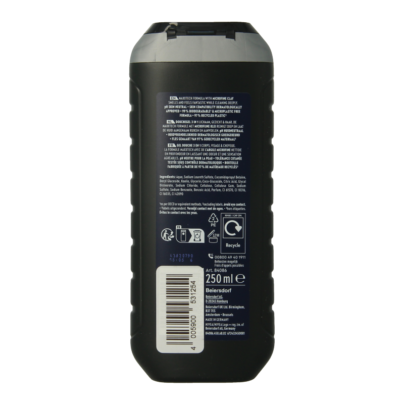 Nivea Men deep douchegel bottle, 250ml, with blue and white packaging, designed for men's body and shower cleansing.