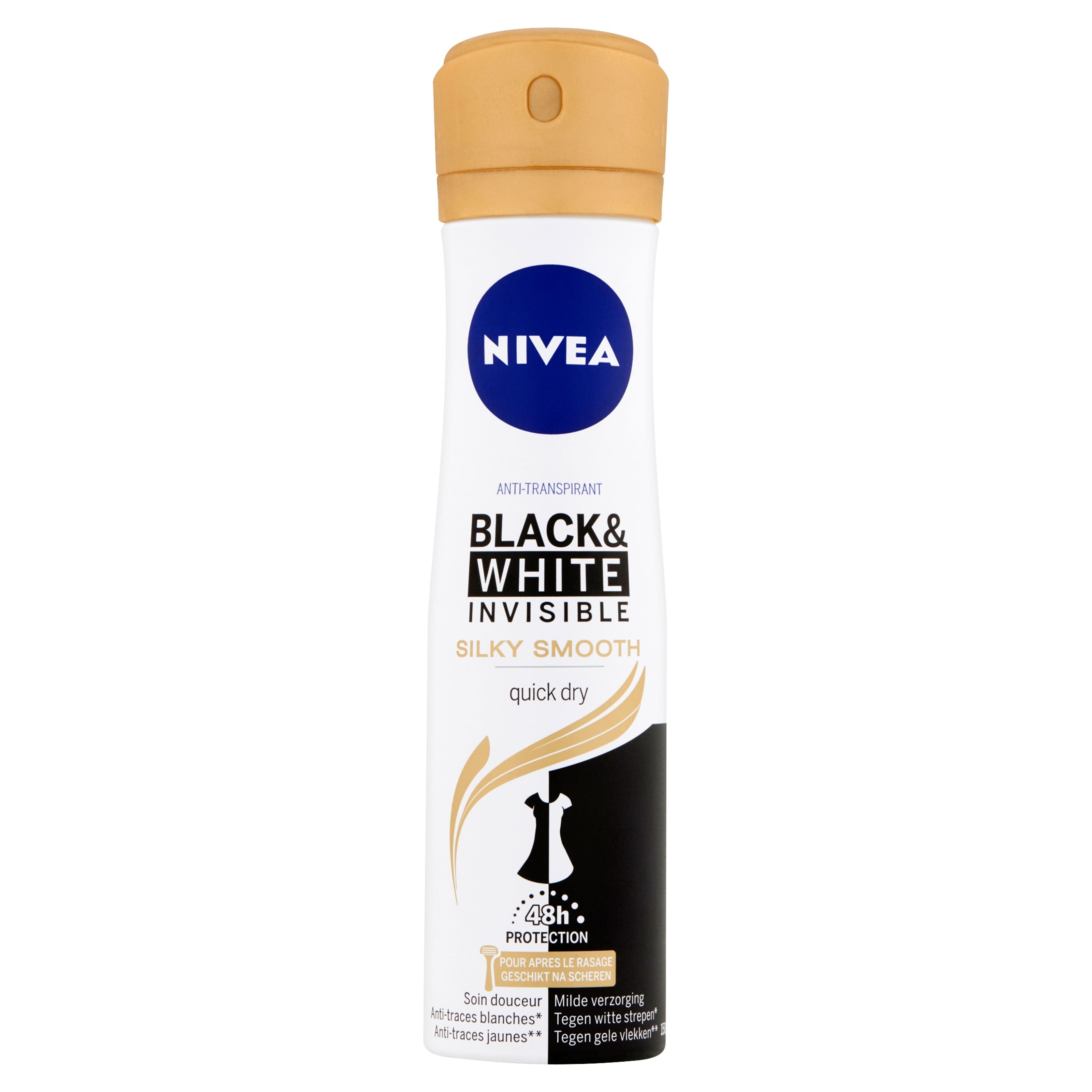 Nivea silky smooth deodorant spray in a 150ml black and white bottle, with a sleek design and spray nozzle.