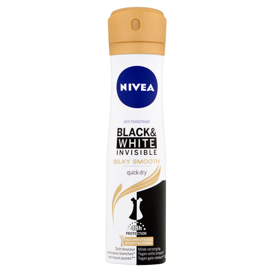Nivea silky smooth deodorant spray in a 150ml black and white bottle, with a sleek design and spray nozzle.