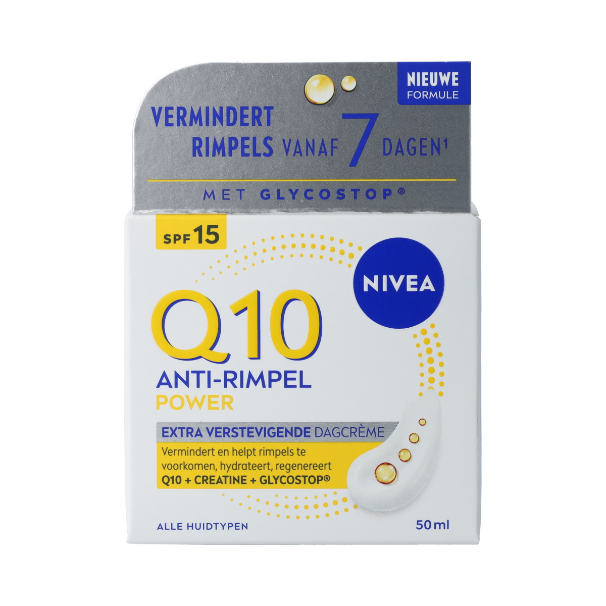Nivea Q10 Power face cream SPF 15 in 50ml jar, moisturizing skincare product with anti-aging benefits.