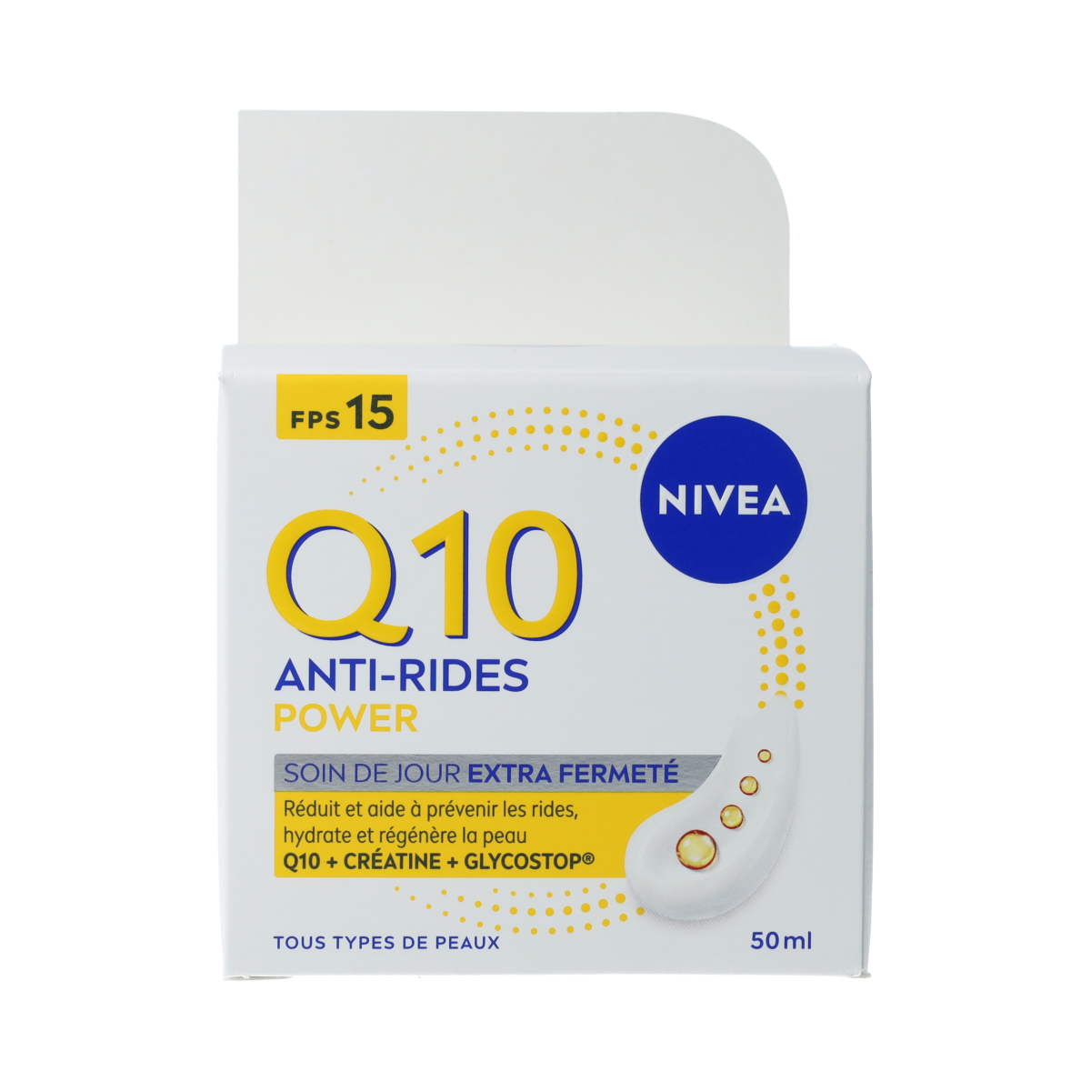 Nivea Q10 Power face cream SPF 15 in 50ml jar, facial skincare product with visible cream texture and branding on the container.