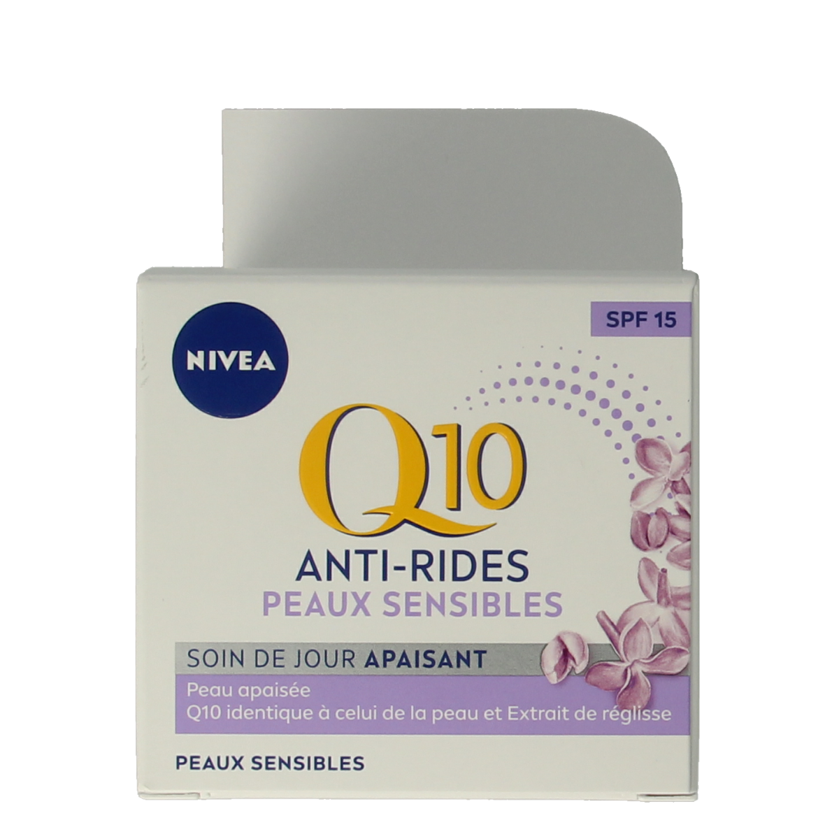 Nivea Q10 Power sensitive day cream SPF15 in 50ml jar, hydrating facial skincare with anti-aging and sun protection.