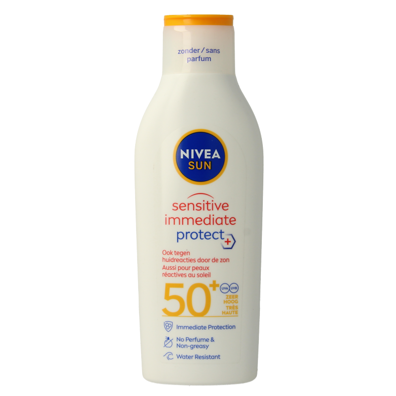 Nivea Sun Sensitive SPF50+ sunscreen lotion in 200ml bottle, with a light texture and gentle formula for sensitive skin.