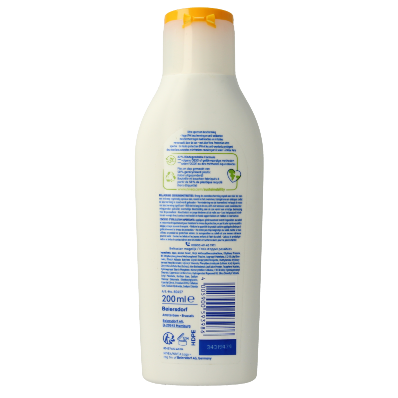 Nivea Sun Sensitive SPF50+ zonnemelk in 200ml bottle, sunscreen lotion for sensitive skin, with sun protection properties.