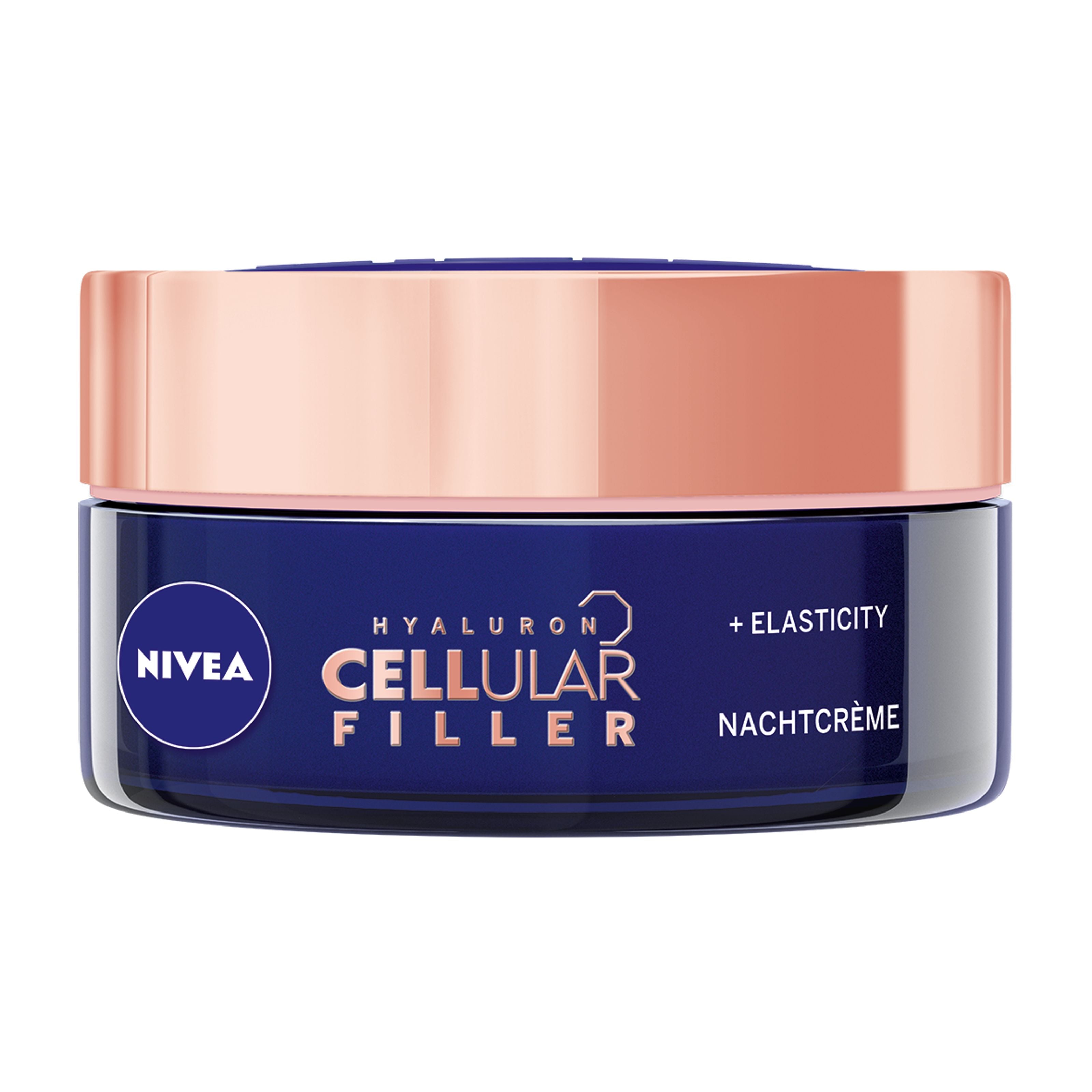Nivea Cellular night cream with hyaluronic acid and elasticity for facial skin, 50ml jar of Nivea skincare product.