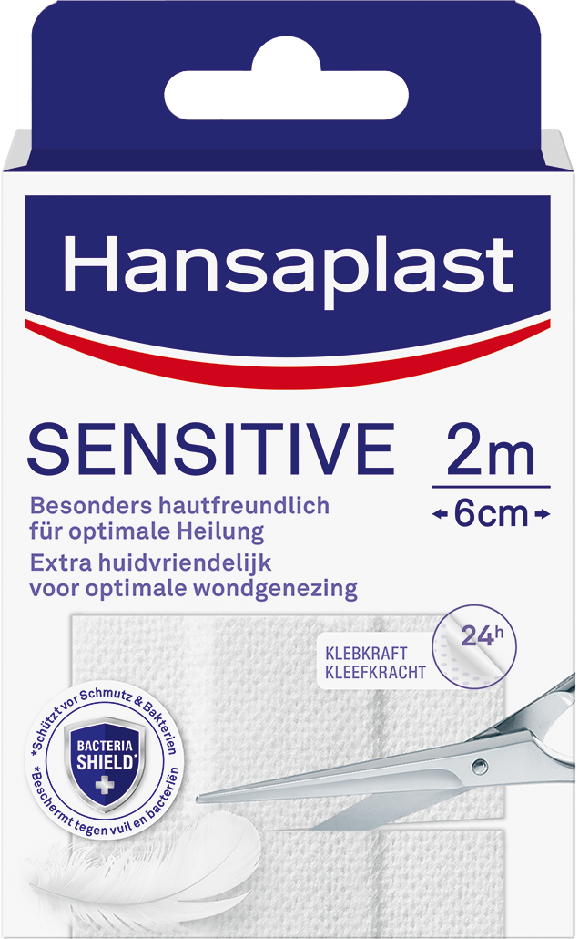 Hansaplast Sensitive adhesive bandage 2m x 6cm for gentle wound protection, shown in the image.