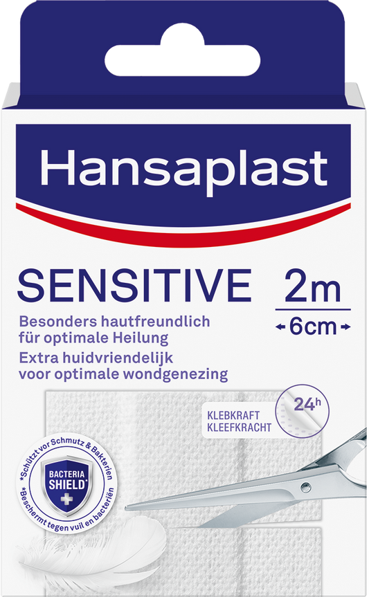 Hansaplast Sensitive adhesive bandage 2m x 6cm for gentle wound protection, shown in the image.