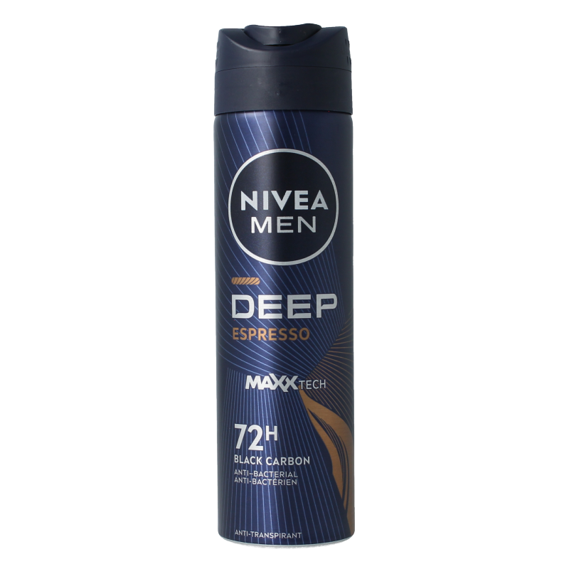 Nivea Men Deep Espresso deodorant spray bottle, 150ml, with sleek design and label showing espresso scent and brand logo.