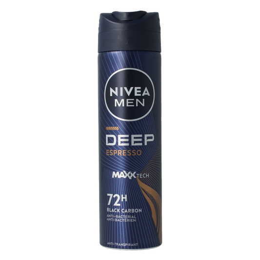 Nivea Men Deep Espresso deodorant spray bottle, 150ml, with sleek design and label showing espresso scent and brand logo.