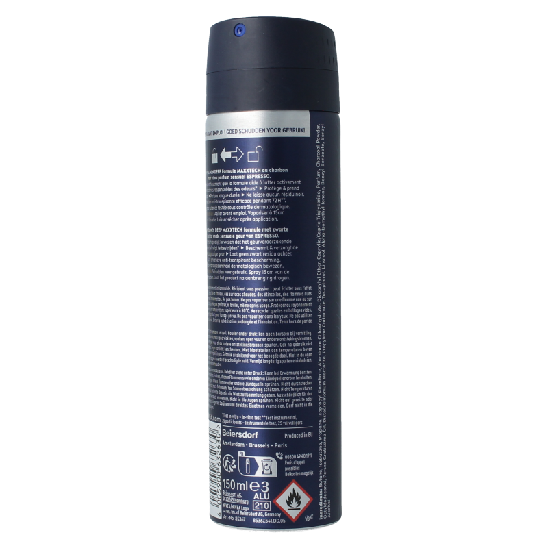 Nivea Men Deep Espresso deodorant spray in 150ml bottle, featuring sleek design and spray nozzle for fresh scent.