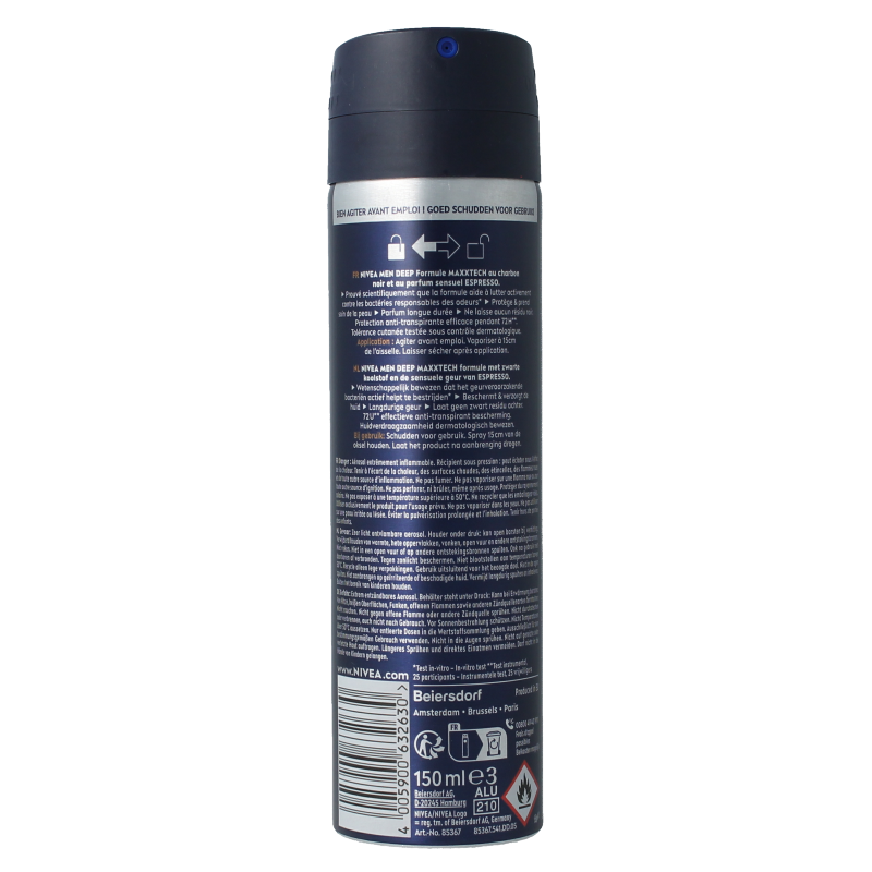 Nivea Men Deep Espresso deodorant spray in a 150ml bottle, featuring a sleek black design and spray nozzle.