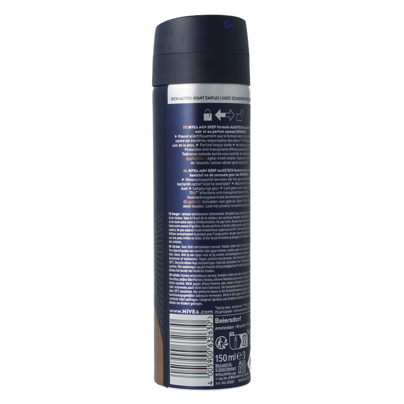 Nivea Men Deep Espresso deodorant spray in 150ml bottle with black and silver design and Nivea branding.