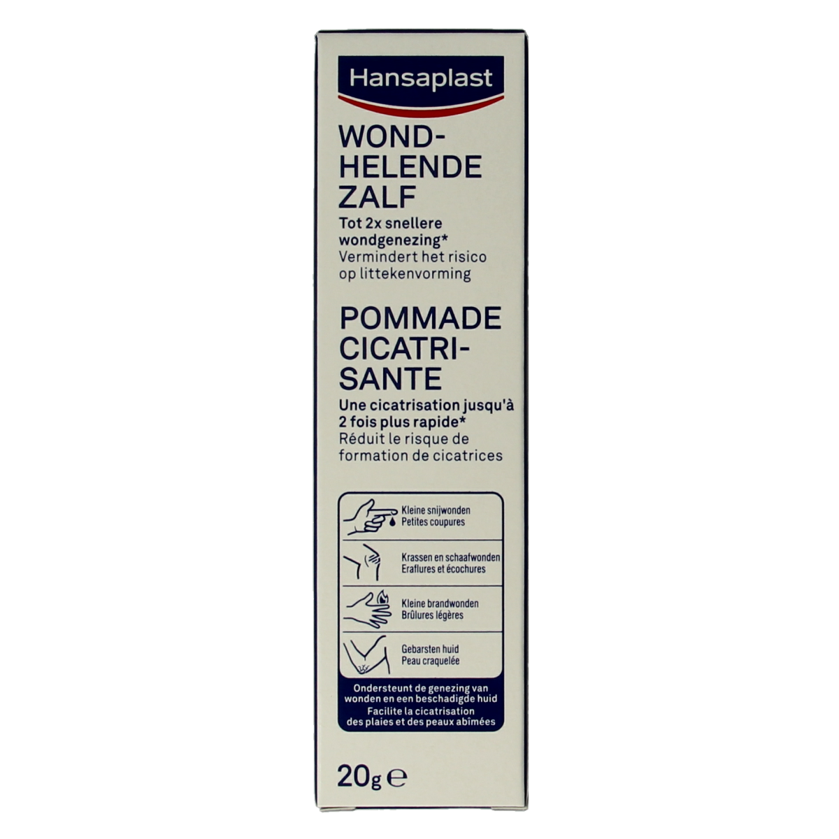 Hansaplast Wondhelende zalf 20g tube, body care product for skin healing and protection, with a white and green packaging.