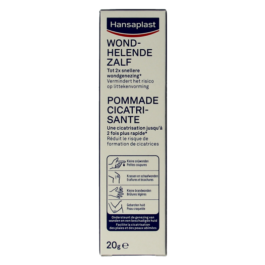 Hansaplast Wondhelende zalf 20g tube, body care product for skin healing and protection, with a white and green packaging.