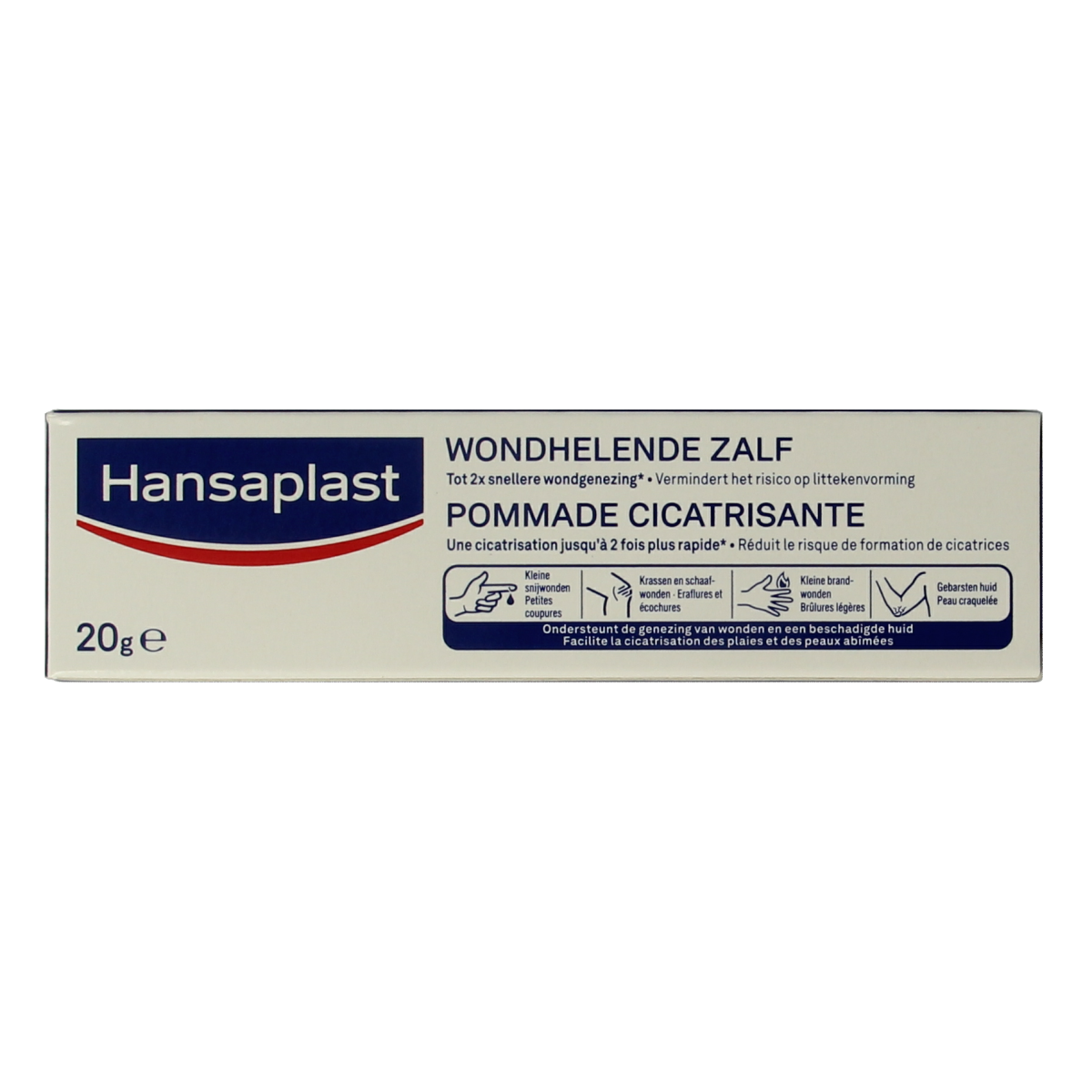 Hansaplast Wondhelende zalf in 20g tube, a body care product used for healing minor skin wounds and cuts.