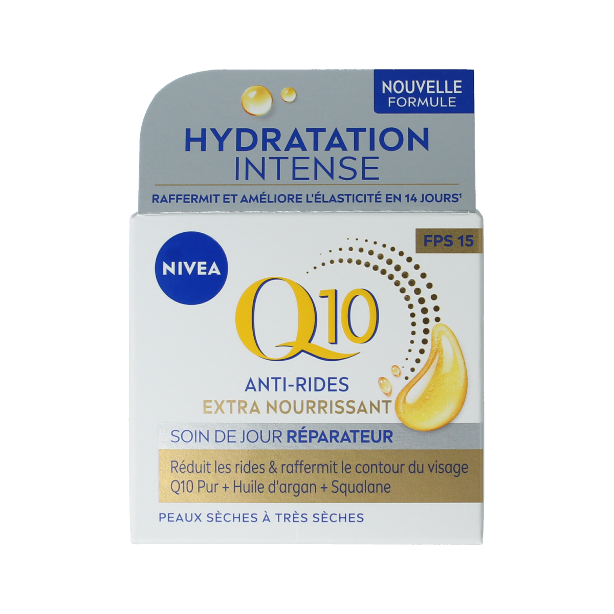 Nivea Q10 Power facial day cream, extra nourishing, in a 50ml jar, for youthful skin and skin hydration.