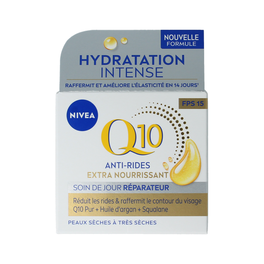 Nivea Q10 Power facial day cream, extra nourishing, in a 50ml jar, for youthful skin and skin hydration.
