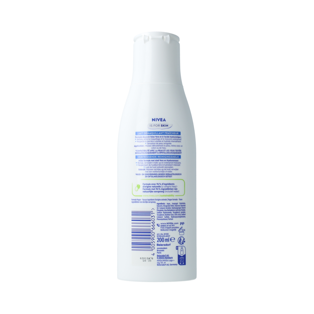 Nivea Essentials refreshing cleansing milk for face, 200ml bottle, gentle facial skincare product with soft texture.