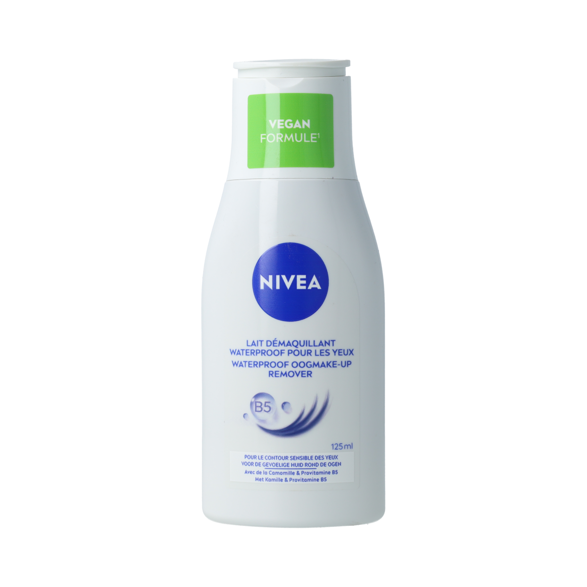 Nivea Waterproof eye makeup remover in a 125ml bottle, gentle facial skincare product for removing waterproof eye makeup.