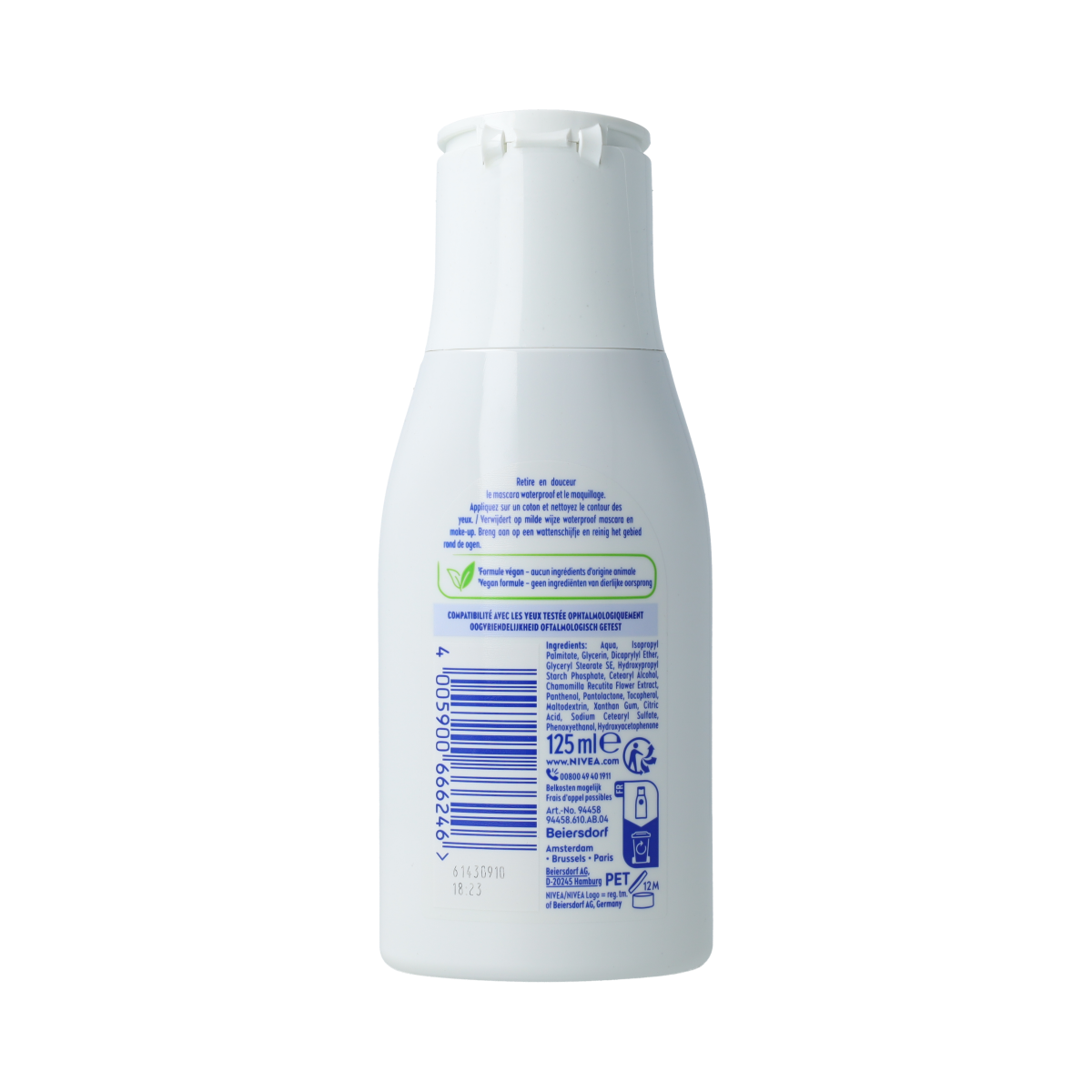Nivea Waterproof eye makeup remover in a 125ml bottle, gentle facial skincare product for removing waterproof makeup.