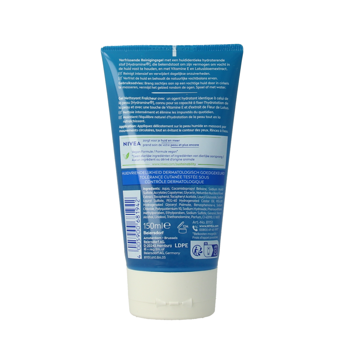 Nivea Essentials refreshing facial cleansing gel 150ml, gentle skincare product for clean, refreshed skin, in a clear plastic bottle.
