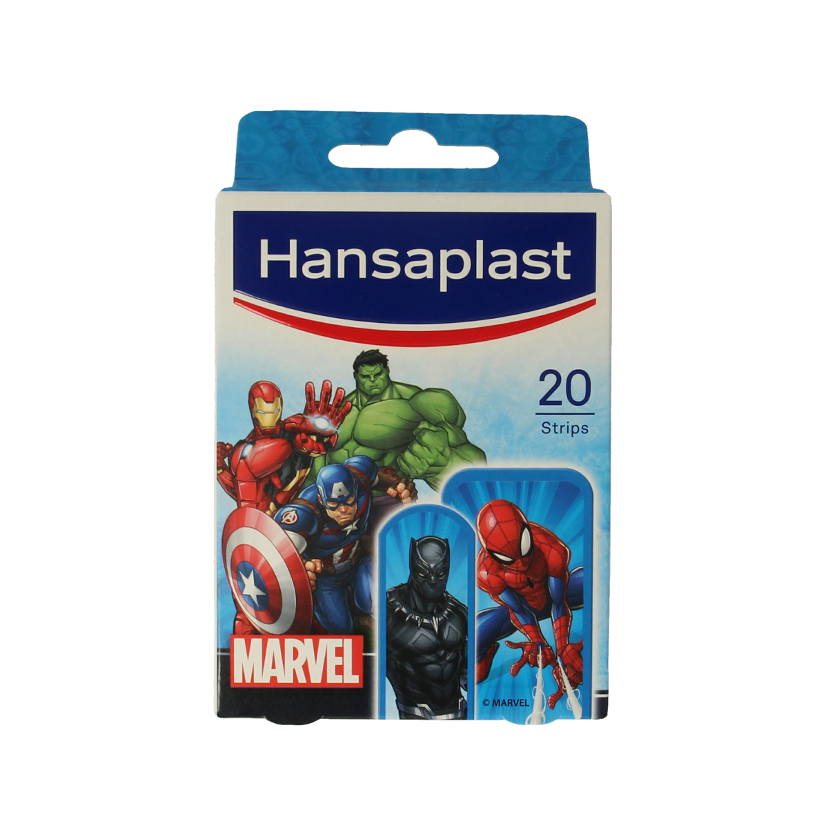 Hansaplast Marvel plaster strips, 20-pack, adhesive bandages featuring Marvel superhero designs for wound care and protection.