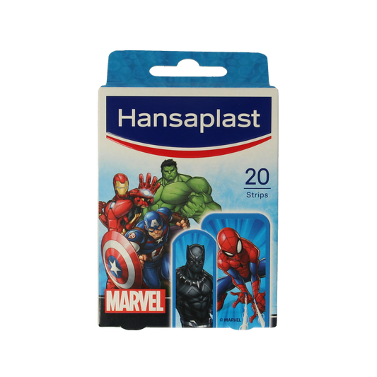 Hansaplast Marvel plaster strips, 20-pack, adhesive bandages featuring Marvel superhero designs for wound care and protection.