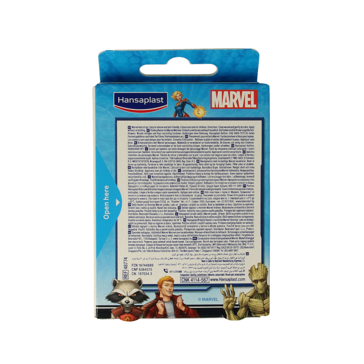 Hansaplast Marvel plaster strips, 20-pack, showing colorful superhero-themed bandages on skin for minor cuts and wounds.