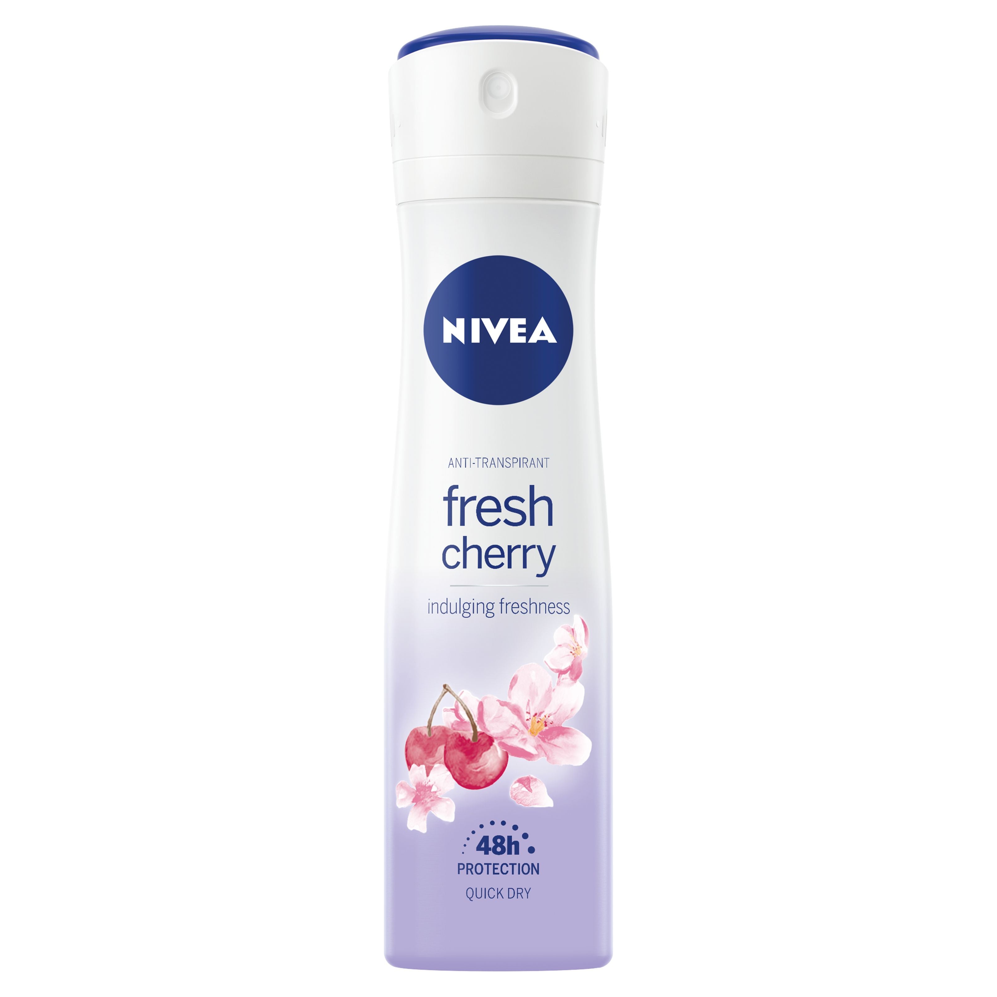 Nivea anti-transpirant deodorant spray in a fresh cherry scent, 150ml bottle with a pink cap and label.