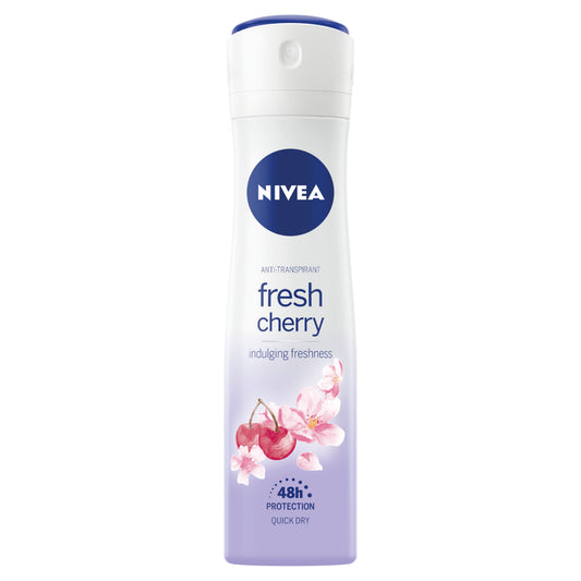 Nivea anti-transpirant deodorant spray in a fresh cherry scent, 150ml bottle with a pink cap and label.