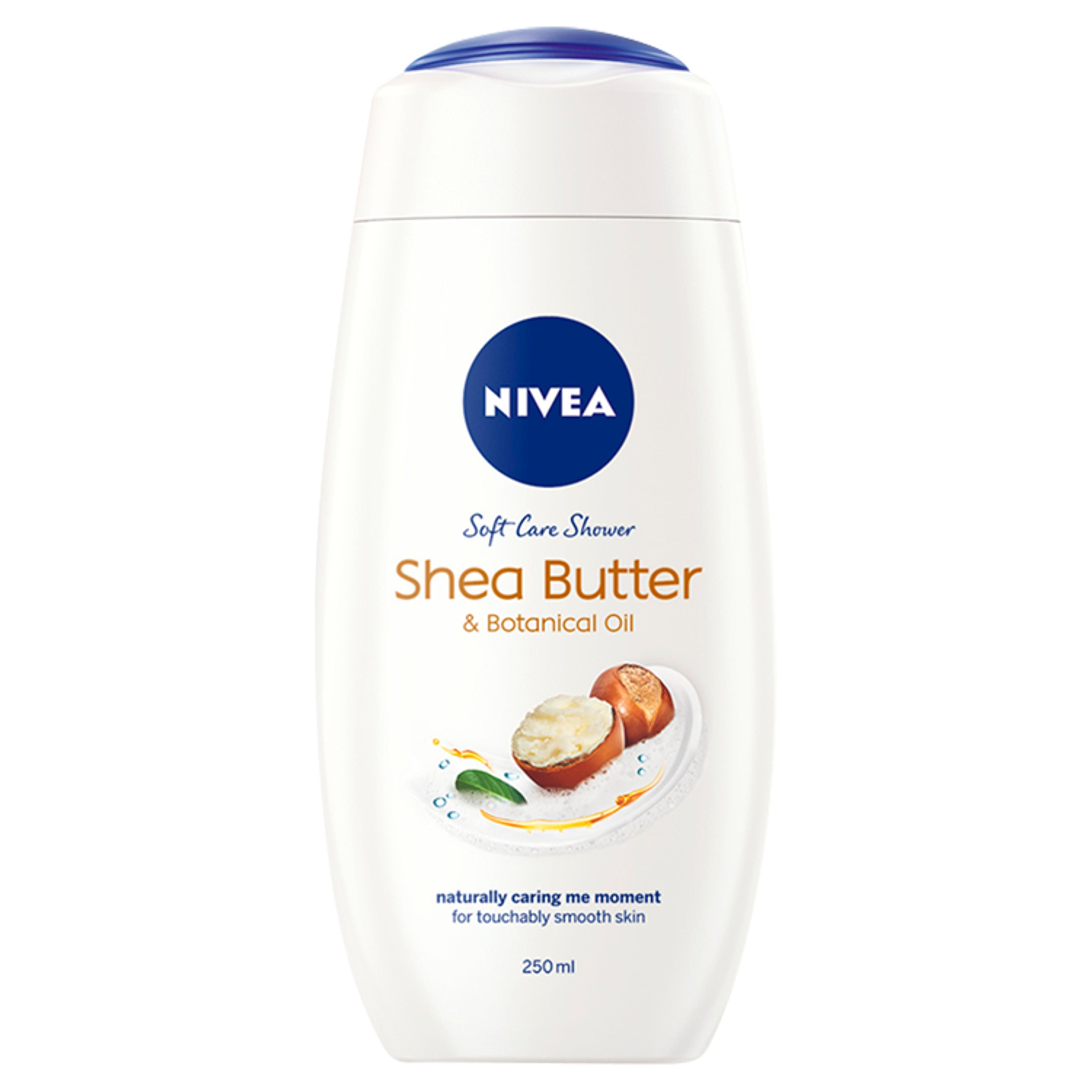 Nivea Care Shea Butter shower gel in 250ml bottle, creamy formula for moisturizing and gentle cleansing during shower.